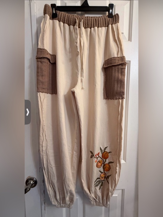 POL Pants - POL Cream Track Pants with Brown Knit Pockets and Orange Embroidered Fruit